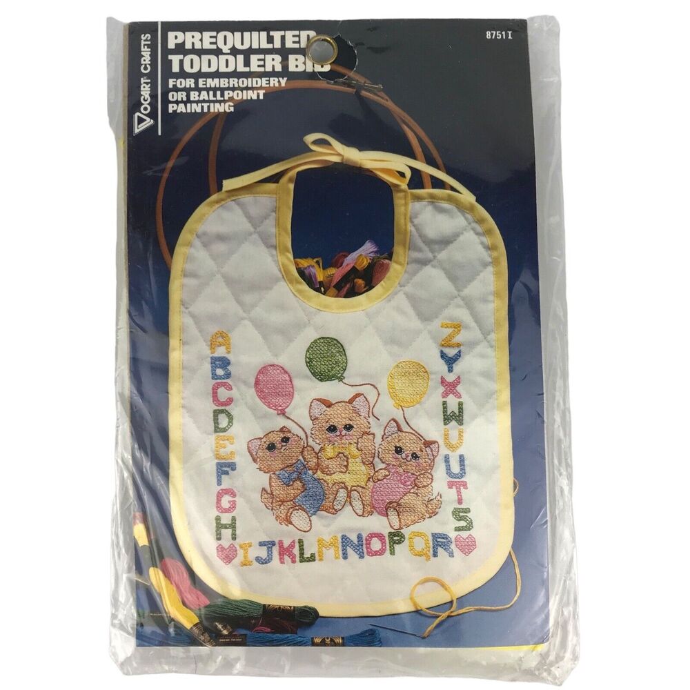 NOS Vogart Crafts Prequilted Toddler Bib Embroidery Kittens Balloons Alphabet